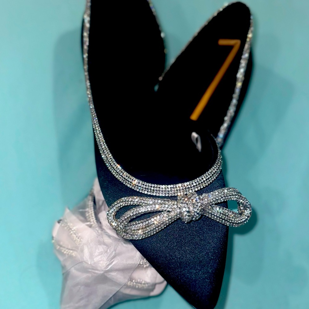 Juliette Rhinestone Bow Ballet Flats, Size 11| Color: Black/Silver